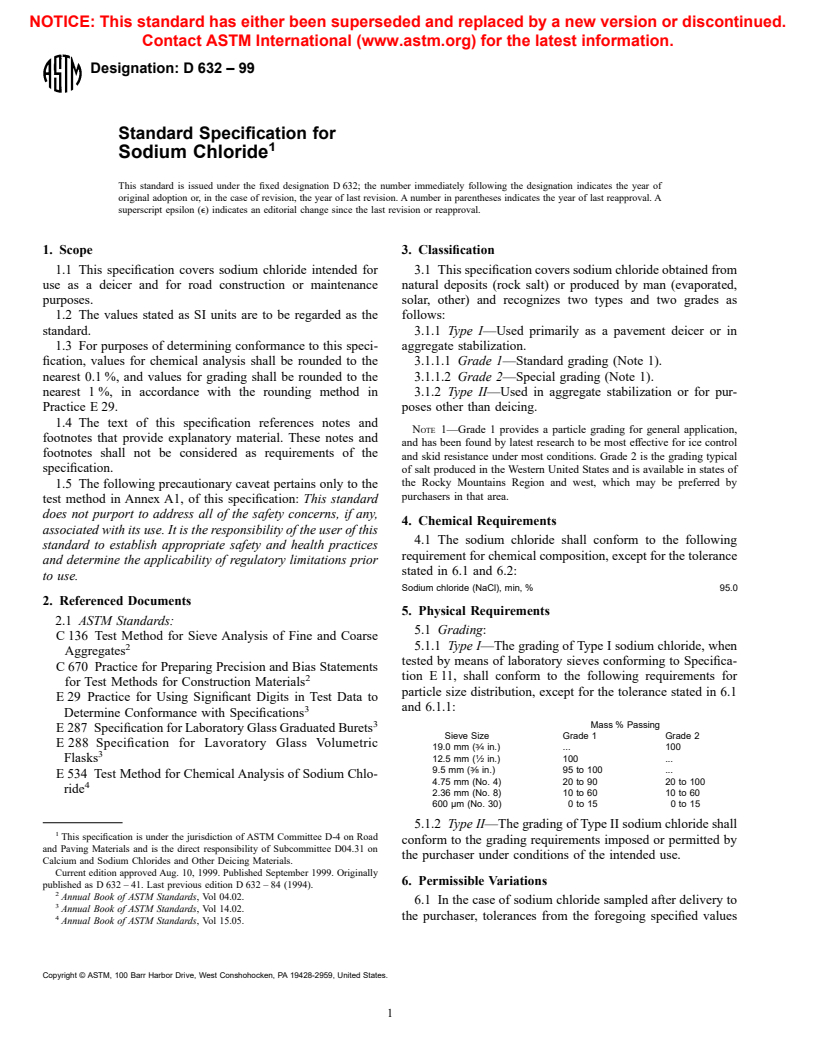 ASTM D632-99 - Standard Specification for Sodium Chloride