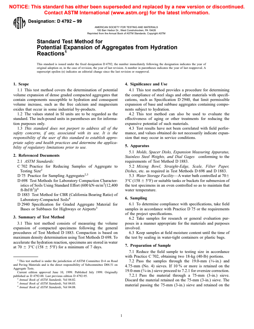 ASTM D4792-99 - Standard Test Method for Potential Expansion of Aggregates from Hydration Reactions