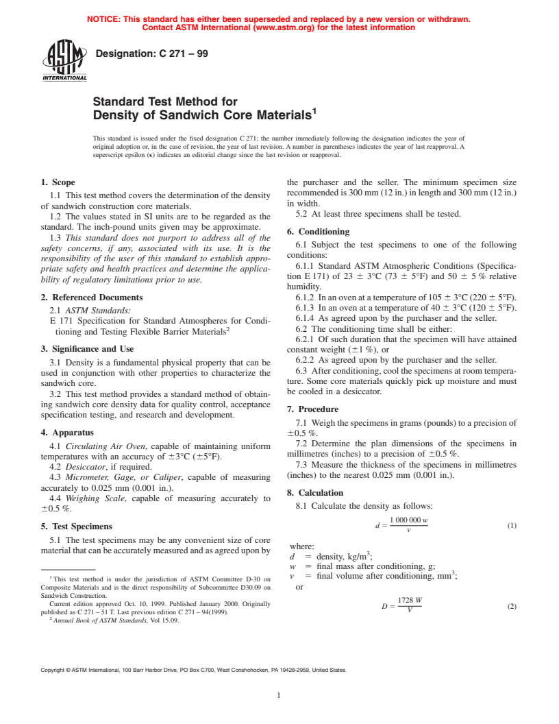 ASTM C271-99 - Standard Test Method for Density of Sandwich Core Materials