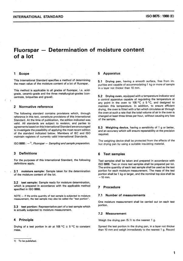 ISO 8875:1988 - Fluorspar -- Determination of moisture content of a lot