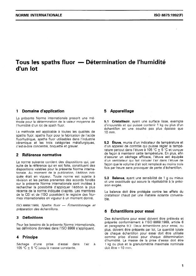ISO 8875:1992 - Tous les spaths fluor -- Détermination de l'humidité d'un lot