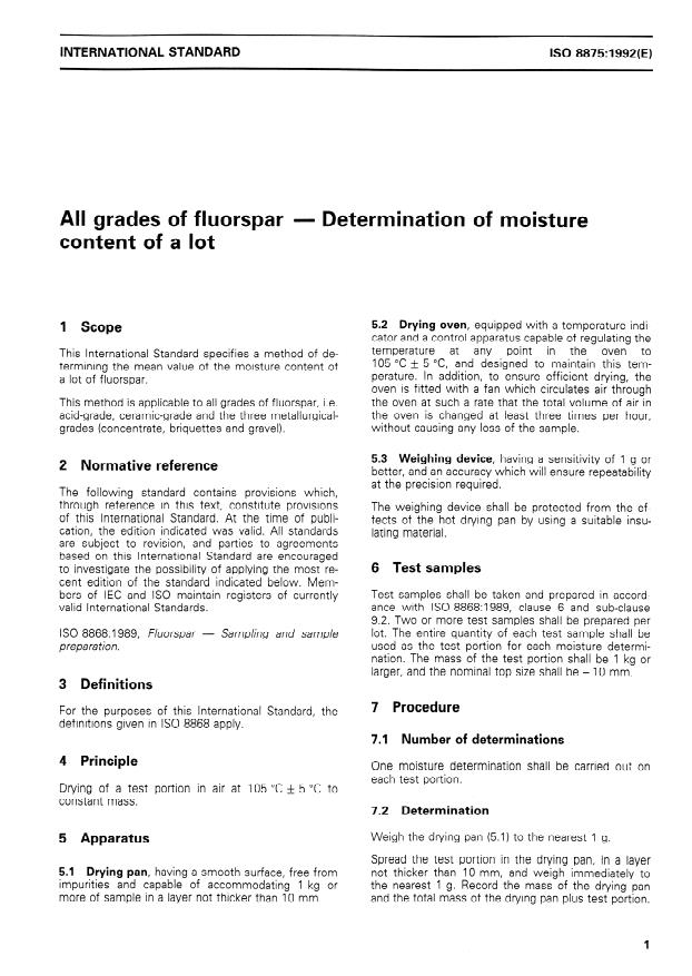 ISO 8875:1992 - All grades of fluorspar -- Determination of moisture content of a lot