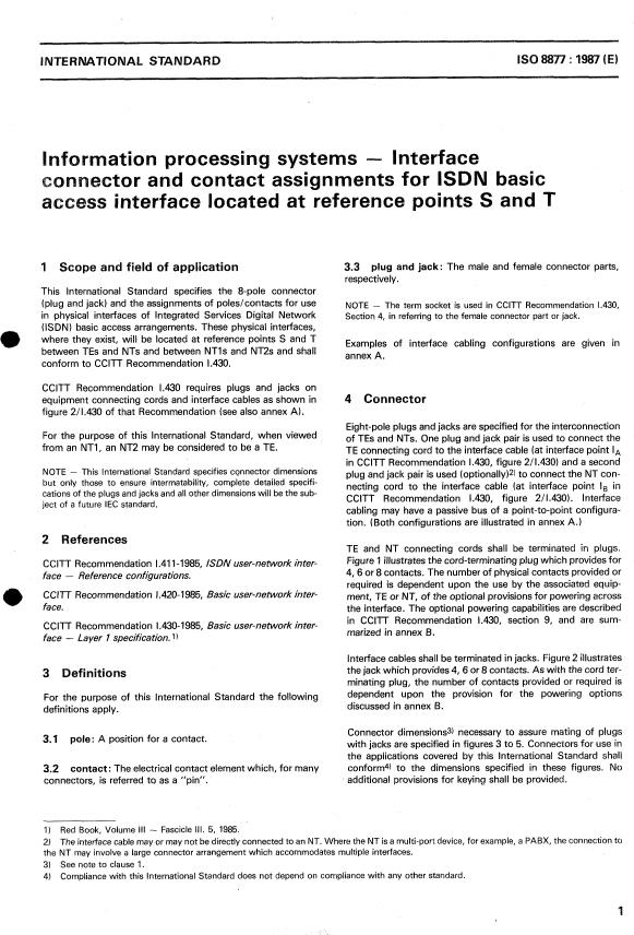 ISO 8877:1987 - Information processing systems -- Interface connector and contact assignments for ISDN basic access interface located at reference points S and T