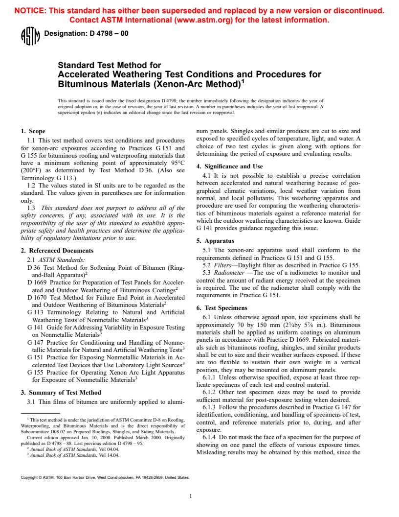 ASTM D4798-00 - Standard Test Method for Accelerated Weathering Test Conditions and Procedures for Bituminous Materials (Xenon-Arc Method)