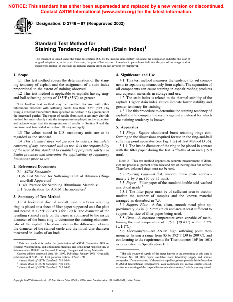 ASTM D2746-97(2002) - Standard Test Method for Staining Tendency of Asphalt (Stain Index)