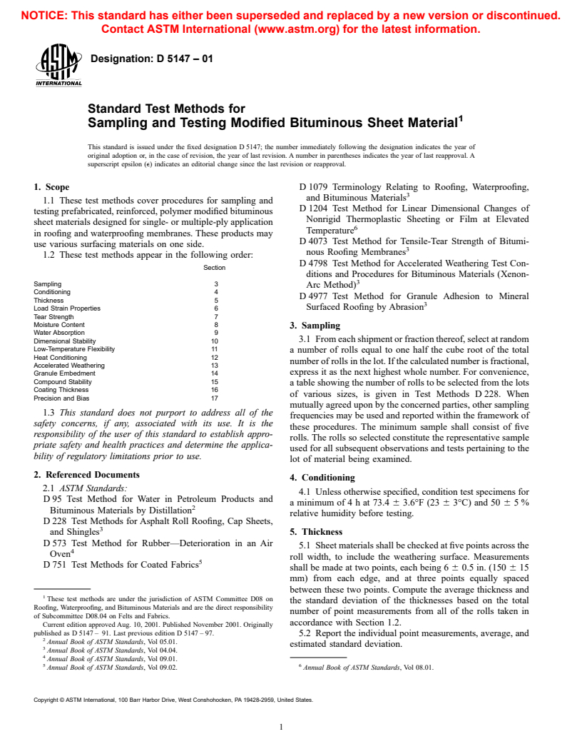 ASTM D5147-01 - Standard Test Methods for Sampling and Testing Modified Bituminous Sheet Material