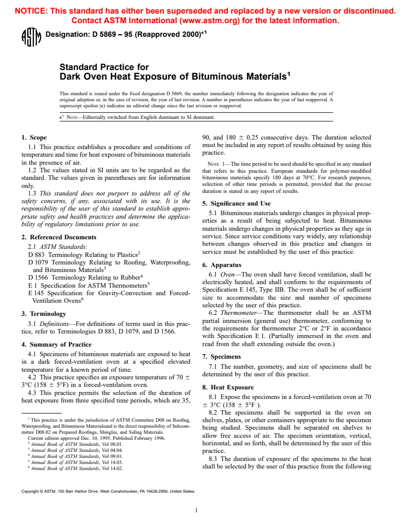 ASTM D5869-95(2000)e1 - Standard Practice for Dark Oven Heat Exposure of Bituminous Materials