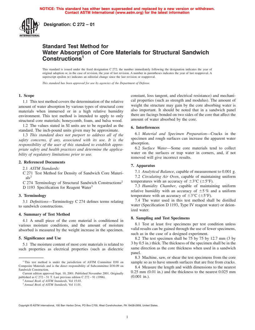 ASTM C272-01 - Standard Test Method for Water Absorption of Core Materials for Structural Sandwich Constructions