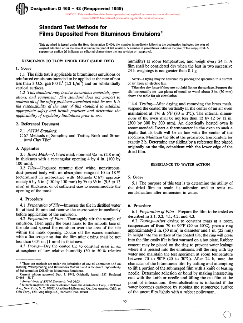 ASTM D466-42(1989) - Specification and Operating Instruction Glass Capillary Kinematic Viscometers (Withdrawn 1998)