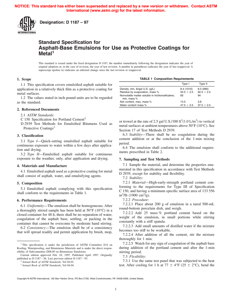 ASTM D1187-97 - Standard Specification for Asphalt-Base Emulsions for Use as Protective Coatings for Metal