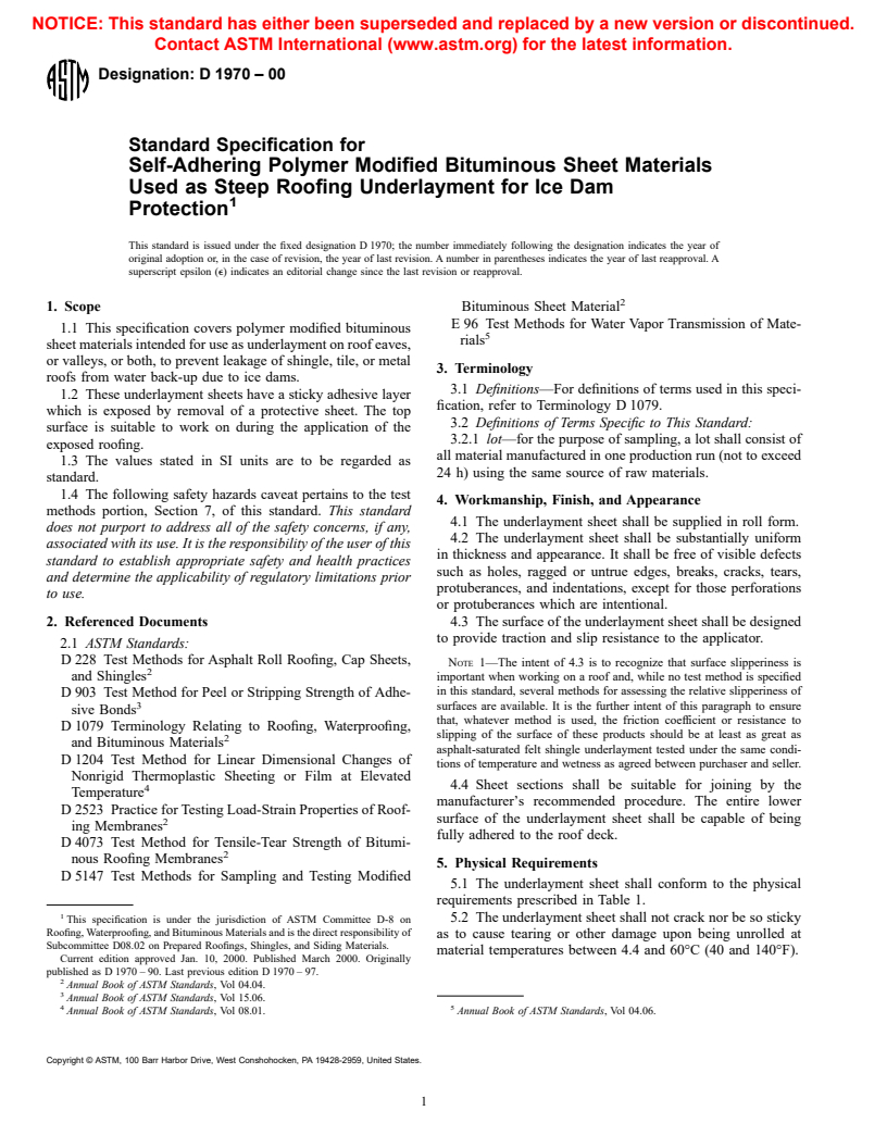 ASTM D1970-00 - Standard Specification for Self-Adhering Polymer Modified Bituminous Sheet Materials Used as Steep Roofing Underlayment for Ice Dam Protection