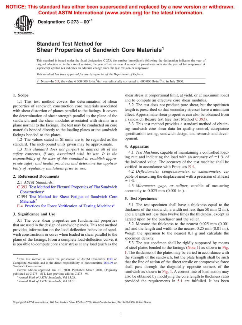 ASTM C273-00e1 - Standard Test Method for Shear Properties of Sandwich Core Materials