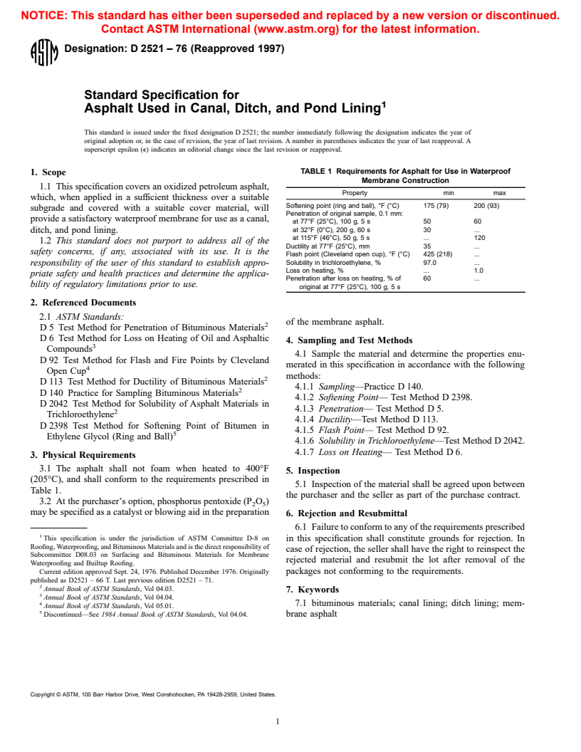 ASTM D2521-76(1997) - Standard Specification for Asphalt Used in Canal, Ditch, and Pond Lining