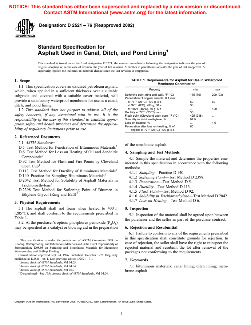 ASTM D2521-76(2002) - Standard Specification for Asphalt Used in Canal, Ditch, and Pond Lining