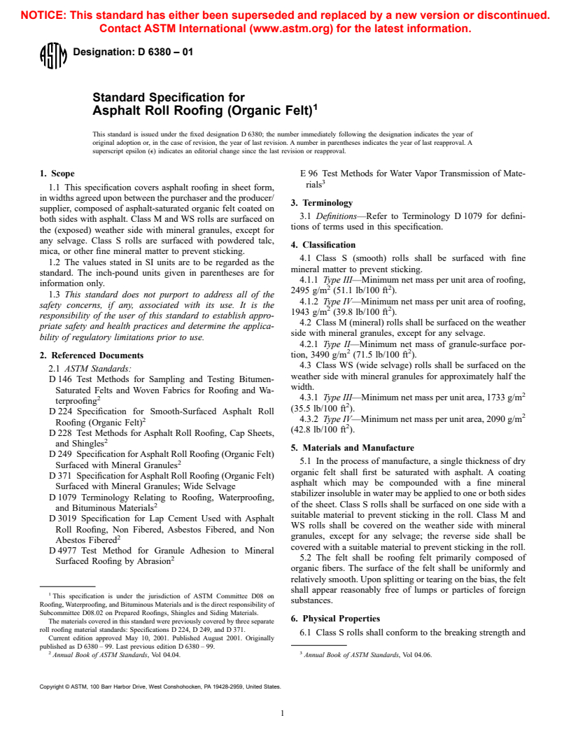 ASTM D6380-01 - Standard Specification for Asphalt Roll Roofing (Organic Felt)