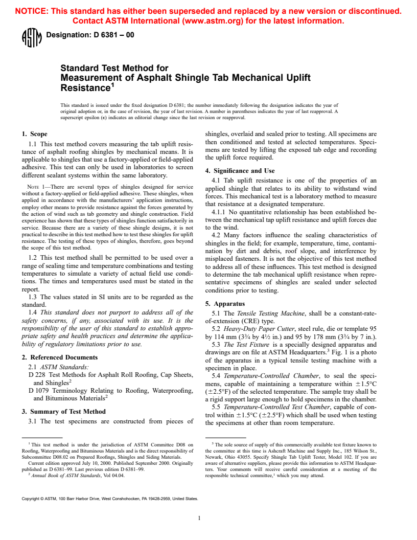 ASTM D6381-00 - Standard Test Method for Measurement of Asphalt Shingle Tab Mechanical Uplift Resistance