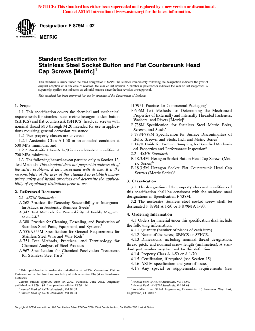 ASTM F879M-02 - Standard Specification for Stainless Steel Socket Button and Flat Countersunk Head Cap Screws [Metric]