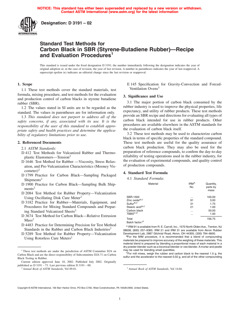 ASTM D3191-02 - Standard Test Methods for Carbon Black in SBR (Styrene-Butadiene-Rubber)-Recipe and Evaluation Procedures