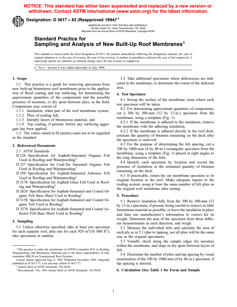 ASTM D3617-83(1994)e1 - Standard Practice for Sampling and Analysis of New Built-Up Roof Membranes