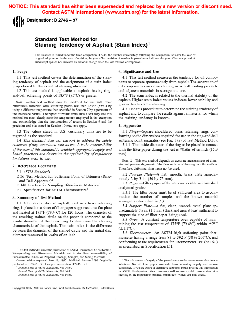 ASTM D2746-97 - Standard Test Method for Staining Tendency of Asphalt (Stain Index)