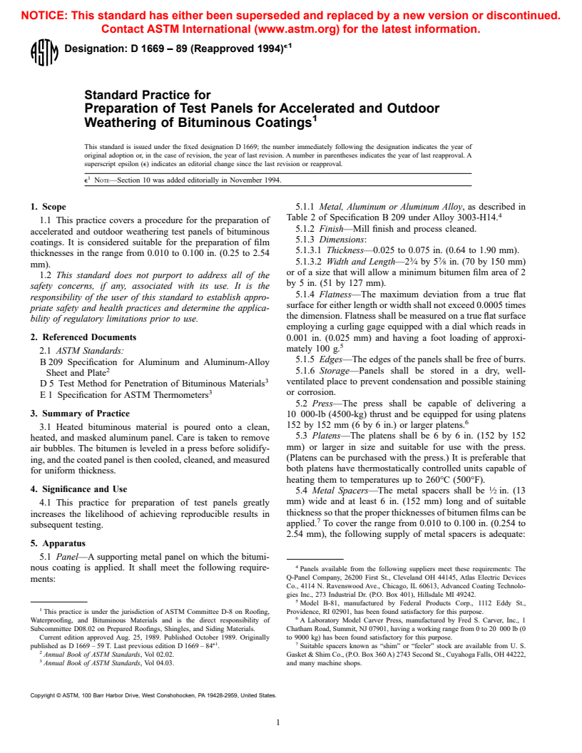 ASTM D1669-89(1994)e1 - Standard Practice for Preparation of Test Panels for Accelerated and Outdoor Weathering of Bituminous Coatings