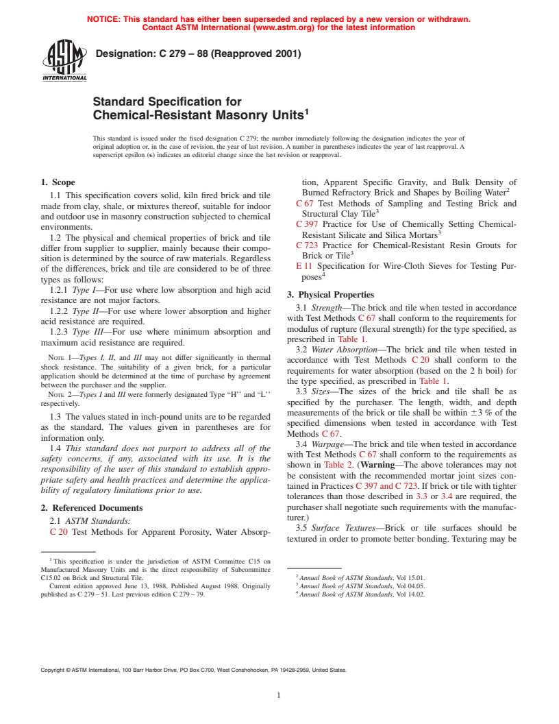 ASTM C279-88(2001) - Standard Specification for Chemical-Resistant Masonry Units