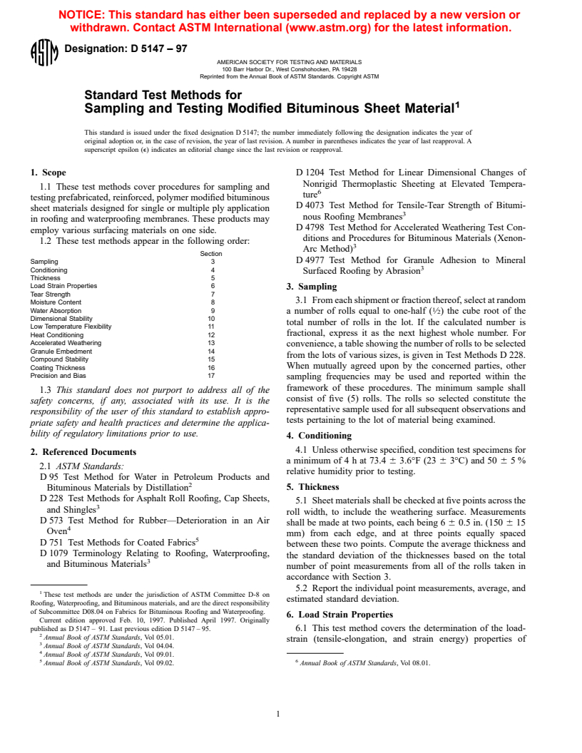 ASTM D5147-97 - Standard Test Methods for Sampling and Testing Modified Bituminous Sheet Material