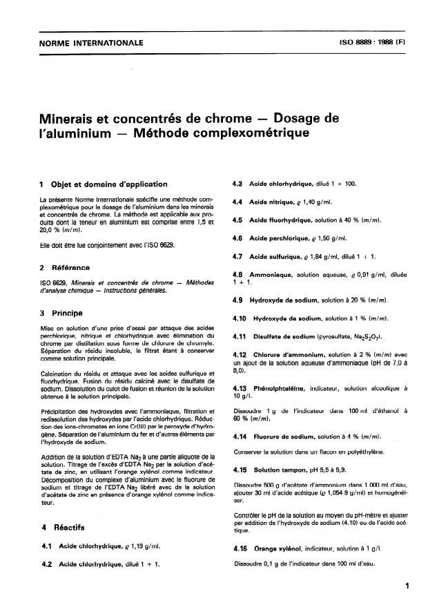 ISO 8889:1988 - Minerais et concentrés de chrome -- Dosage de l'aluminium -- Méthode complexométrique