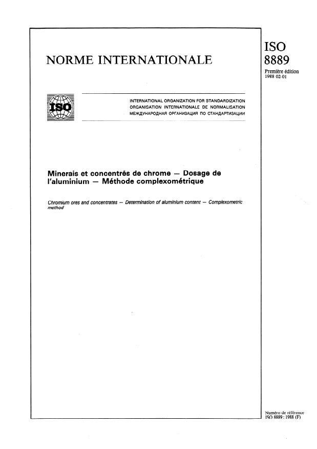 ISO 8889:1988 - Minerais et concentrés de chrome -- Dosage de l'aluminium -- Méthode complexométrique