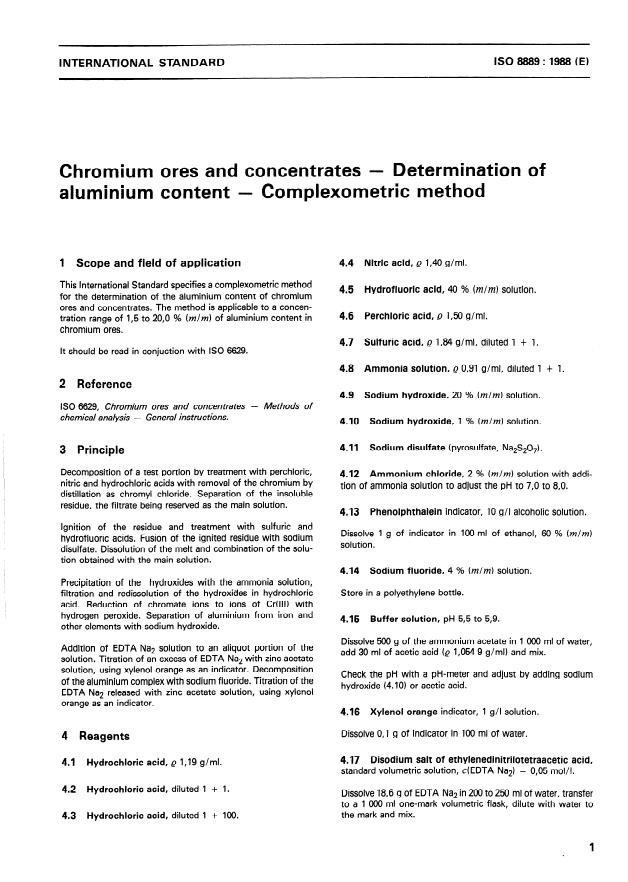 ISO 8889:1988 - Chromium ores and concentrates -- Determination of aluminium content -- Complexometric method