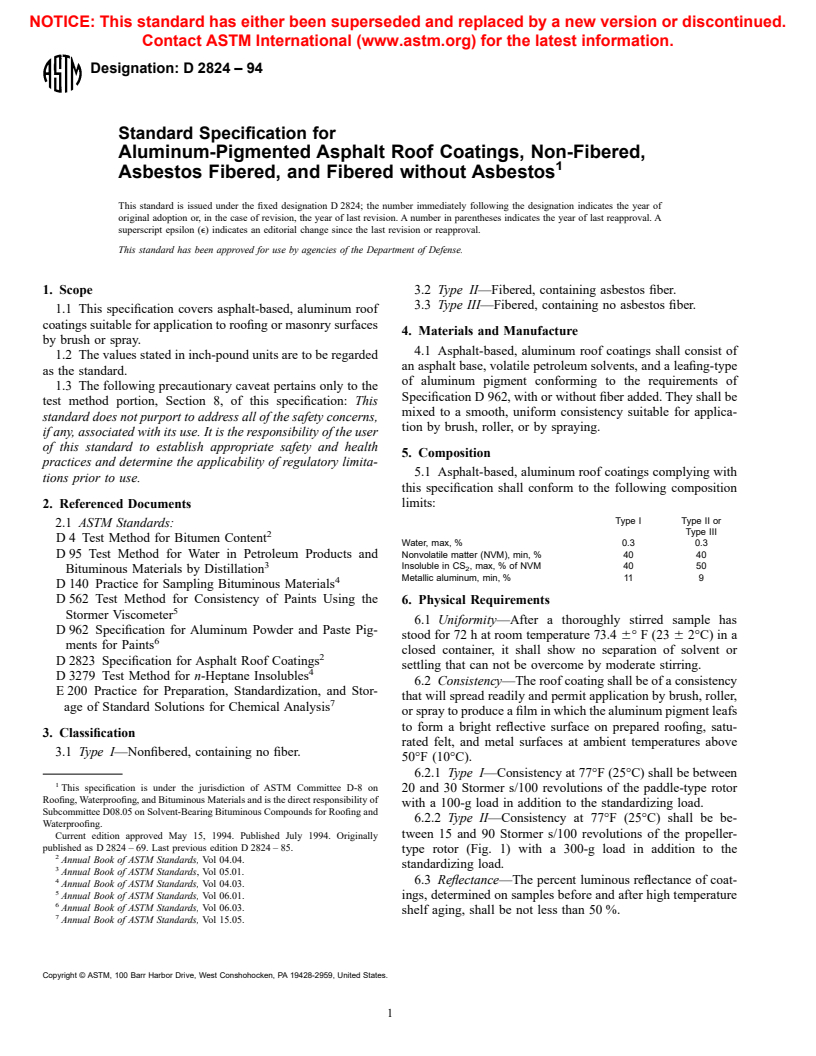 ASTM D2824-94 - Standard Specification for Aluminum-Pigmented Asphalt Roof Coatings, Nonfibered, Asbestos Fibered, and Fibered without Asbestos