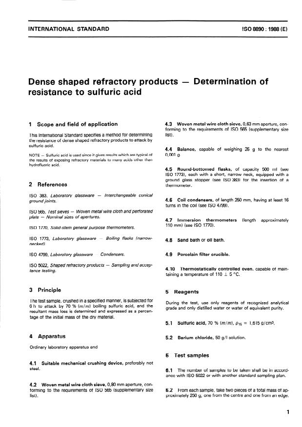ISO 8890:1988 - Dense shaped refractory products -- Determination of resistance to sulfuric acid