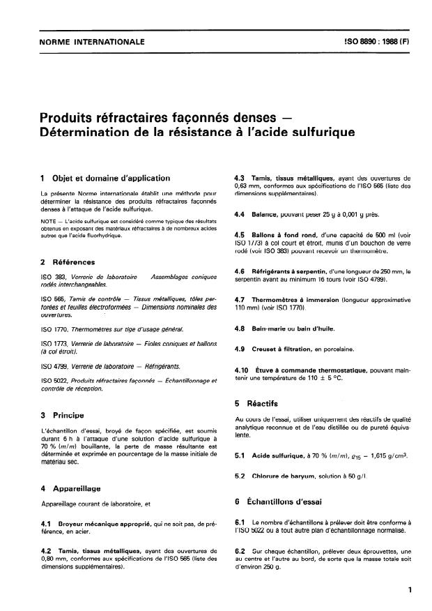 ISO 8890:1988 - Produits réfractaires façonnés denses -- Détermination de la résistance a l'acide sulfurique