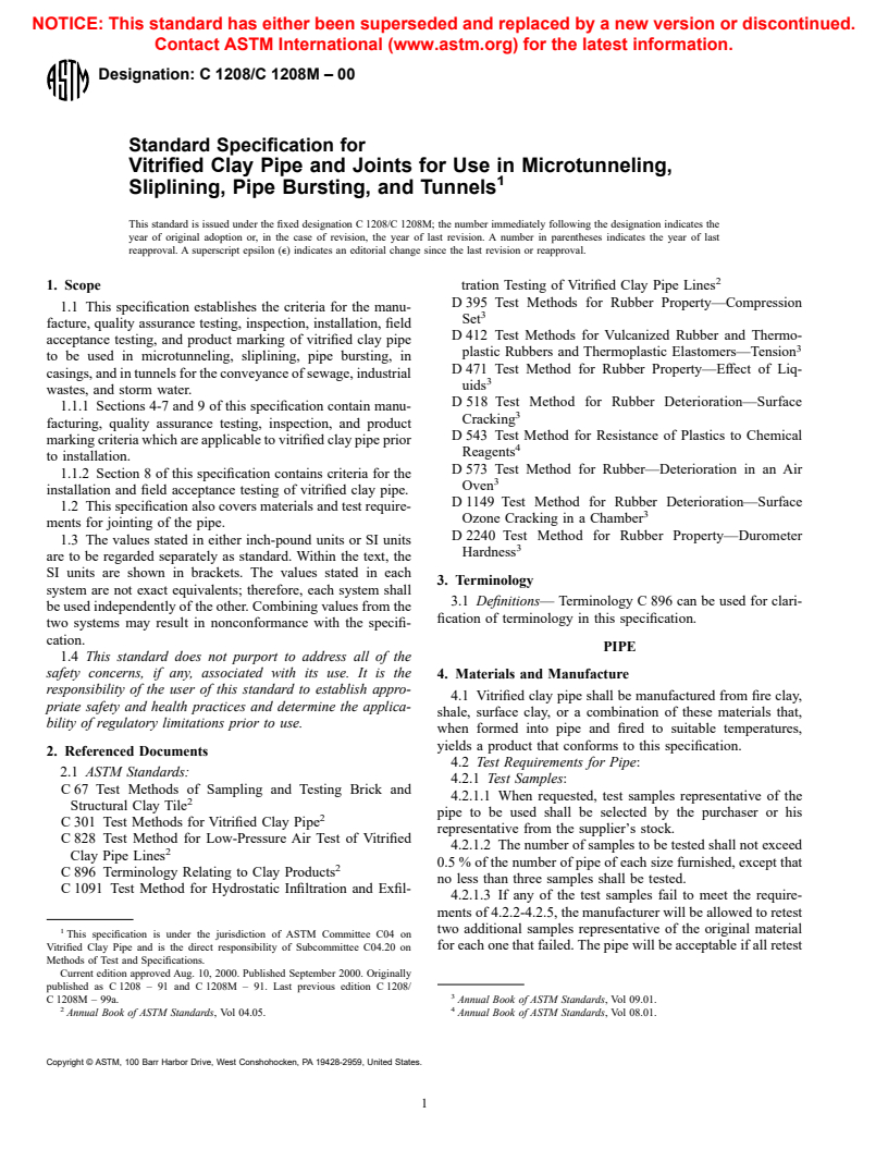 ASTM C1208/C1208M-00 - Standard Specification for Vitrified Clay Pipe and Joints for Use in Microtunneling, Sliplining, Pipe Bursting, and Tunnels