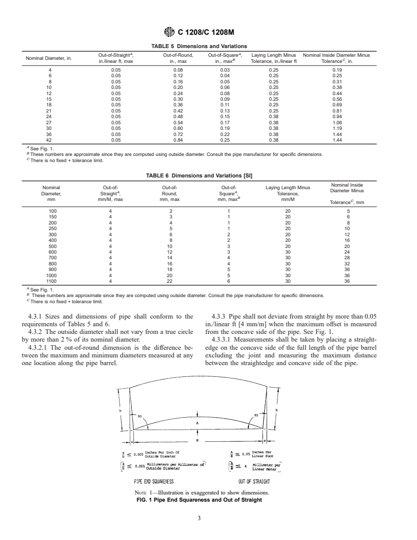 ASTM C1208/C1208M-00 - Standard Specification for Vitrified Clay Pipe and Joints for Use in Microtunneling, Sliplining, Pipe Bursting, and Tunnels