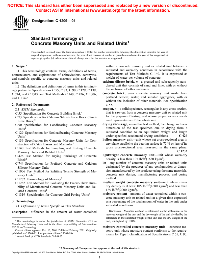 ASTM C1209-01 - Standard Terminology of Concrete Masonry Units and Related Units