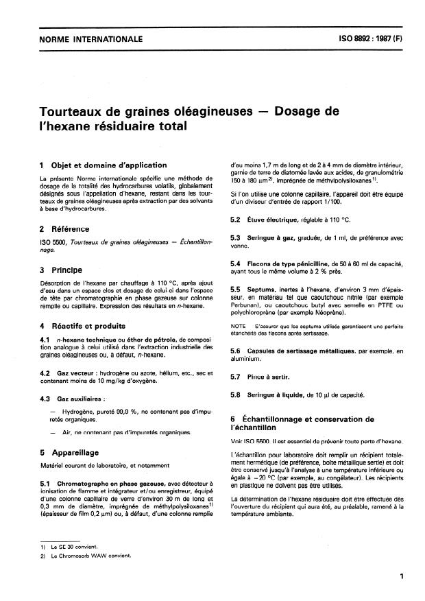 ISO 8892:1987 - Tourteaux de graines oléagineuses -- Dosage de l'hexane résiduaire total