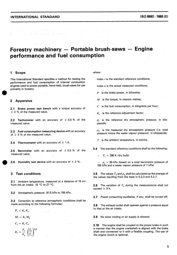 ISO 8893:1989 - Forestry machinery -- Portable brush-saws -- Engine performance and fuel consumption