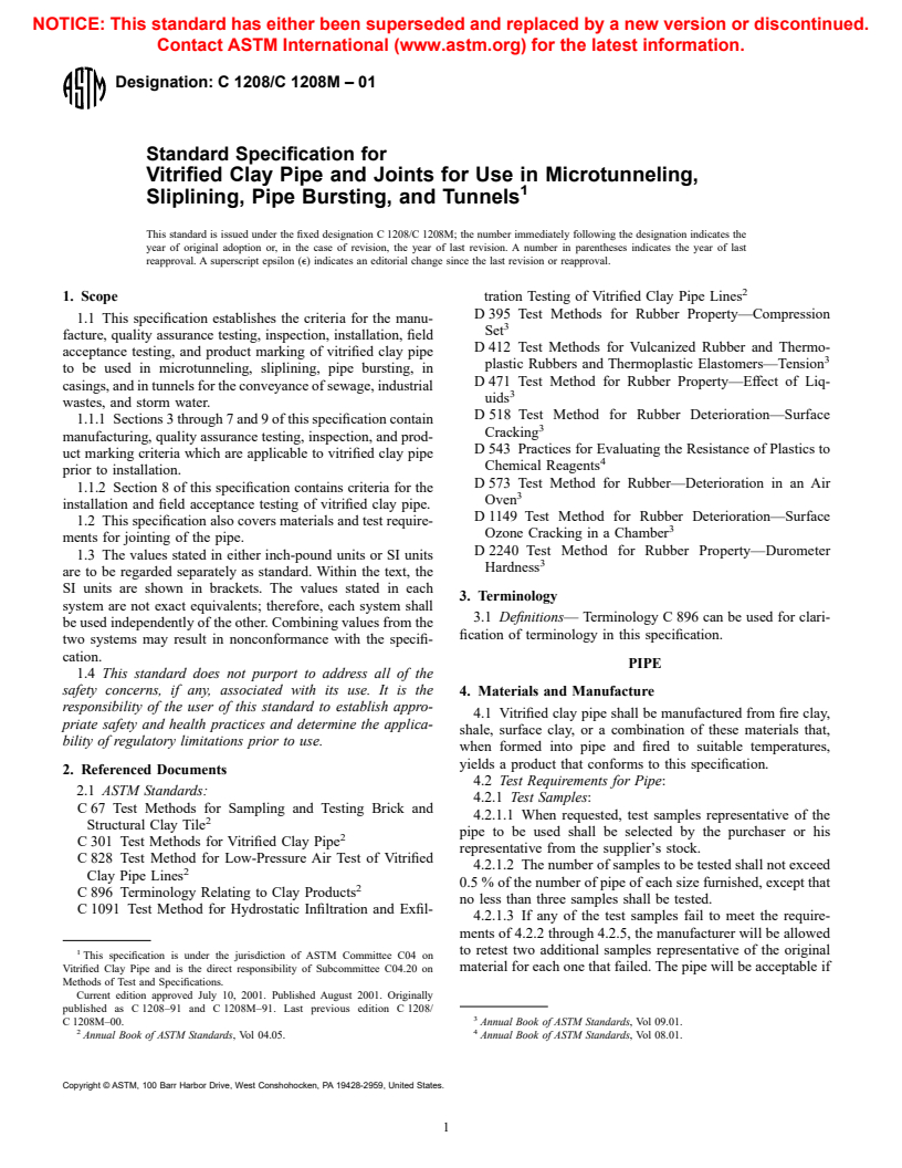 ASTM C1208/C1208M-01 - Standard Specification for Vitrified Clay Pipe and Joints for Use in Microtunneling, Sliplining, Pipe Bursting, and Tunnels