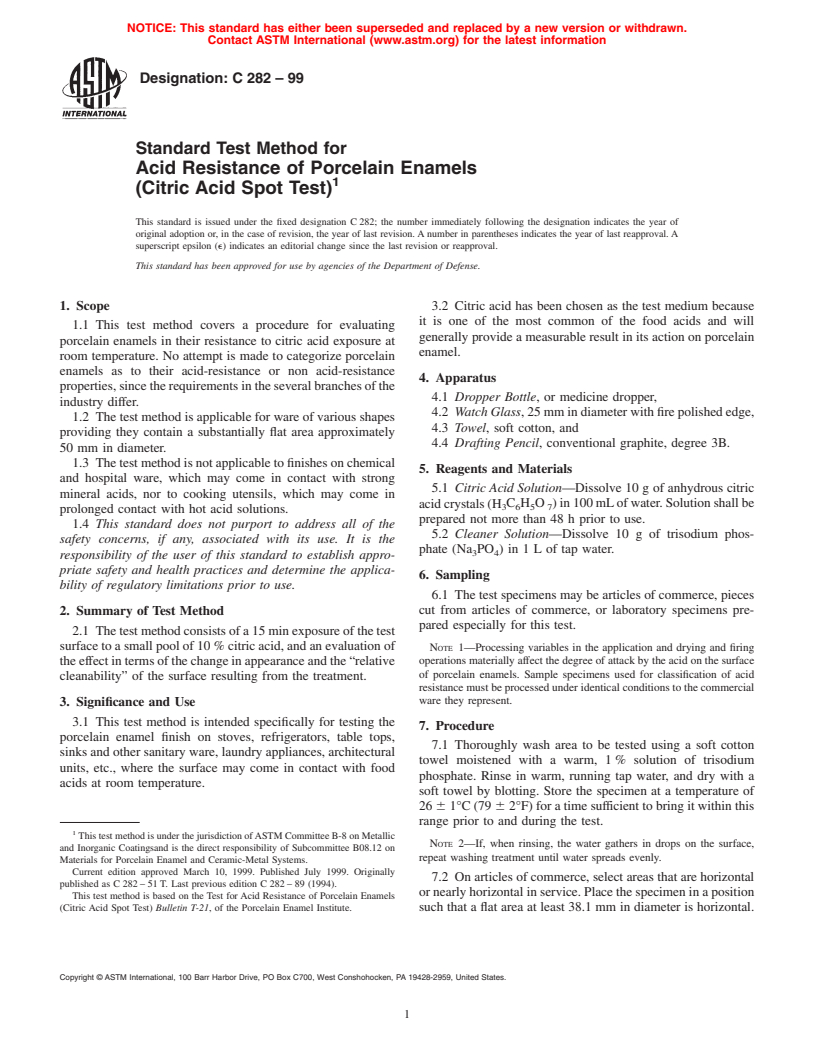 ASTM C282-99 - Standard Test Method for Acid Resistance of Porcelain Enamels (Citric Acid Spot Test)