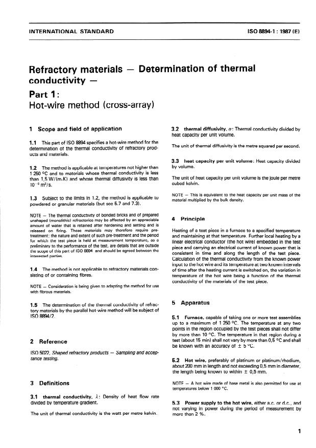 ISO 8894-1:1987 - Refractory materials -- Determination of thermal conductivity