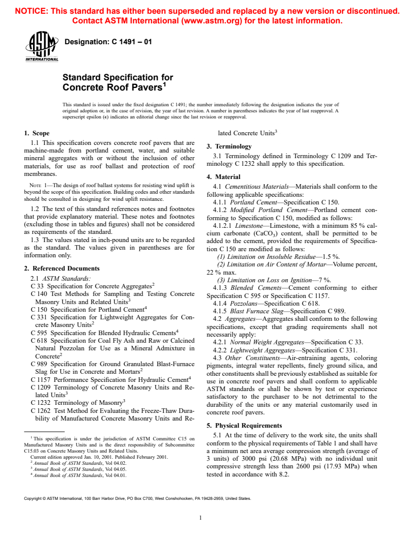 ASTM C1491-01 - Standard Specification for Concrete Roof Pavers