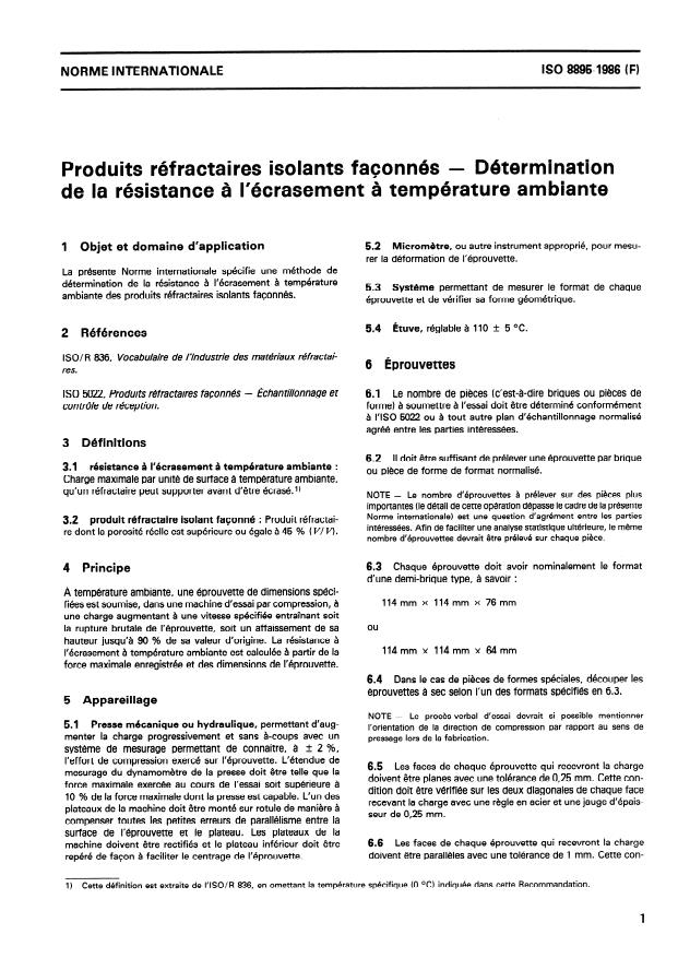 ISO 8895:1986 - Produits réfractaires isolants façonnés -- Détermination de la résistance a l'écrasement a température ambiante