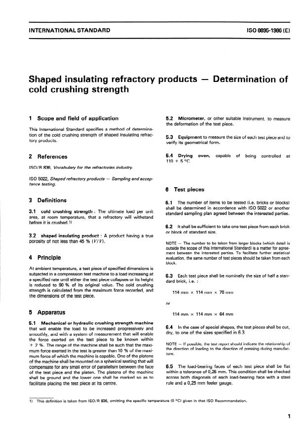 ISO 8895:1986 - Shaped insulating refractory products -- Determination of cold crushing strength