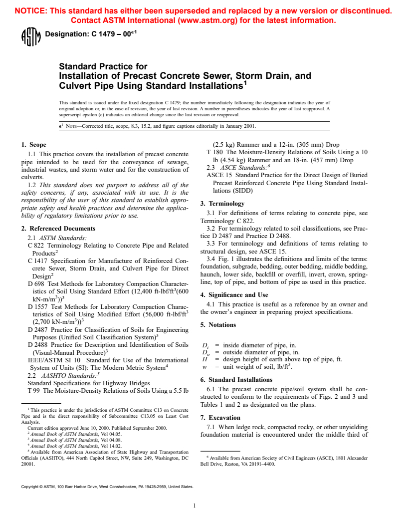 ASTM C1479-00e1 - Standard Practice for Installation of Precast Concrete Sewer, Storm Drain, and Culvert Pipe Using Standard Installations