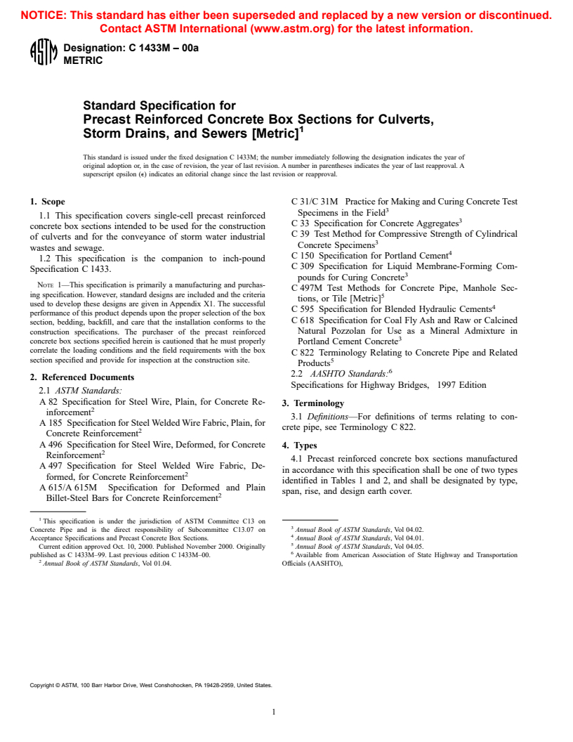 ASTM C1433M-00a - Standard Specification for Precast Reinforced Concrete Box Sections for Culverts, Storm Drains, and Sewers [Metric]