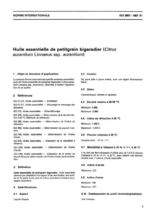 ISO 8901:1987 - Huile essentielle de petitgrain bigaradier (Citrus aurantium Linnaeus ssp. aurantium)