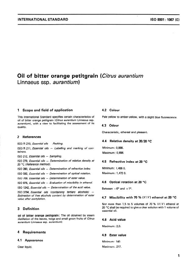 ISO 8901:1987 - Oil of bitter orange petitgrain (Citrus aurantium Linnaeus ssp. aurantium)