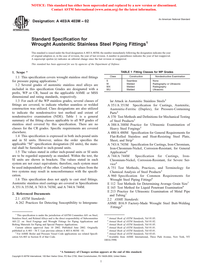 ASTM A403/A403M-02 - Standard Specification for Wrought Austenitic Stainless Steel Piping Fittings