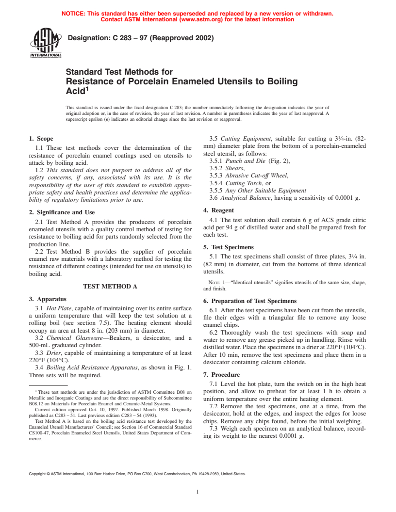 ASTM C283-97(2002) - Standard Test Method for Resistance of Porcelain Enameled Utensils to Boiling Acid